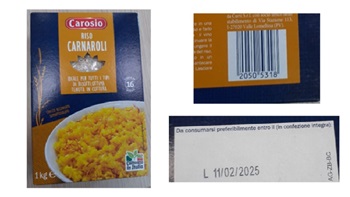 Richiamo riso Carosio codice a barre e scadenza